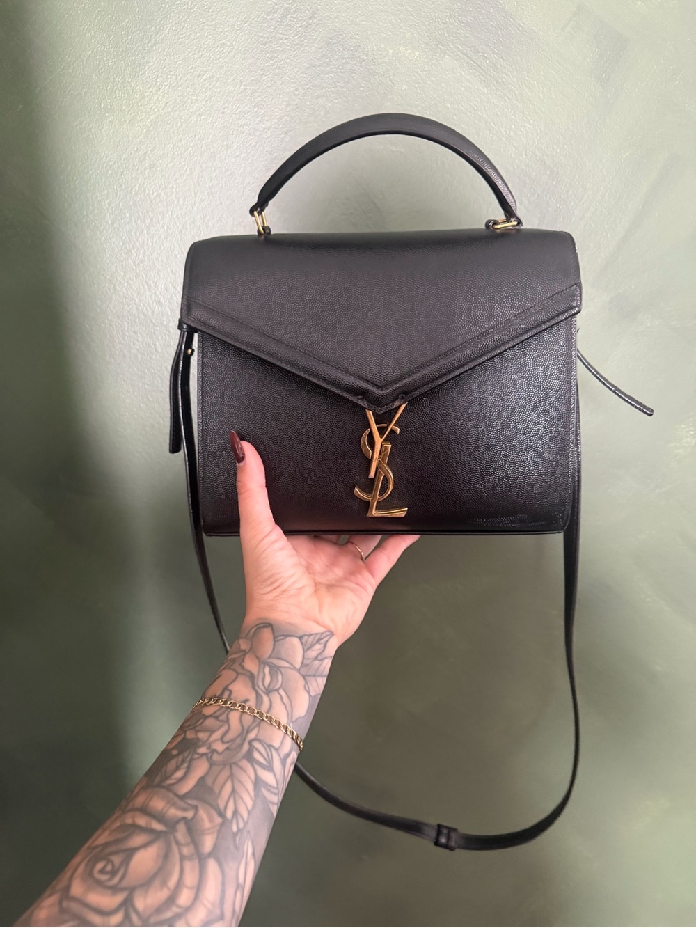 Yves Saint Laurent Black Leather Top-Handle Satchel with Gold YSL Logo